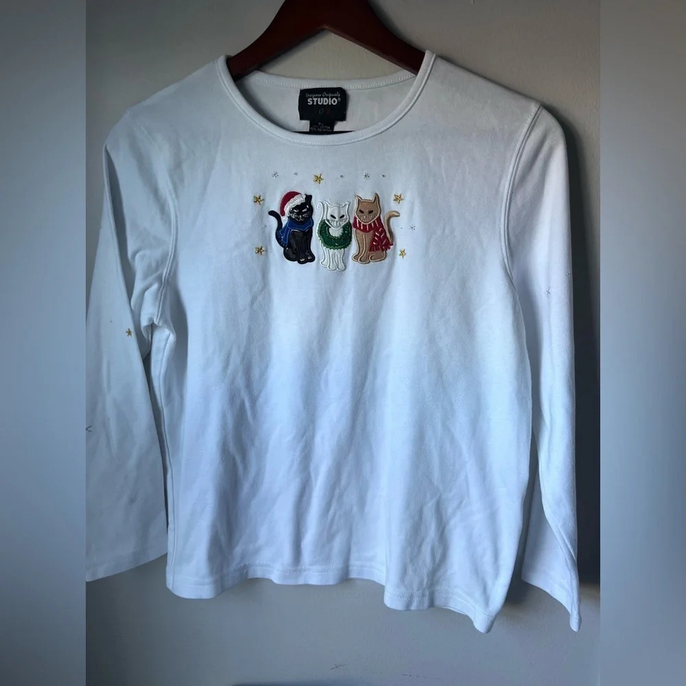 Designers original Novelty Shirt Cats Christmas Holiday Petite Large white